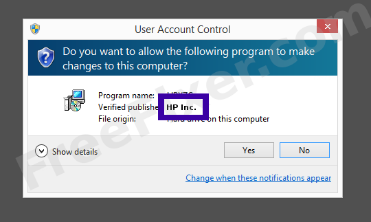 Screenshot where HP Inc. appears as the verified publisher in the UAC dialog